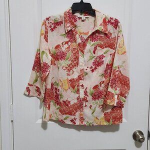 Vtg JM Collection Women's 14P 100% Linen Pink Floral Button Up Blouse 3/4 Sleeve